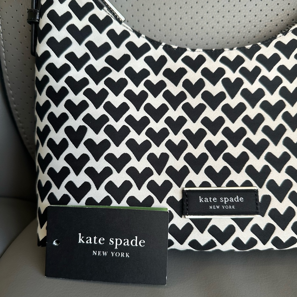 #63. Kate Spade Sam Icon Modernist Hearts Jacquard Shoulder Bag, Cream Black,NWT - Picture 2 of 15